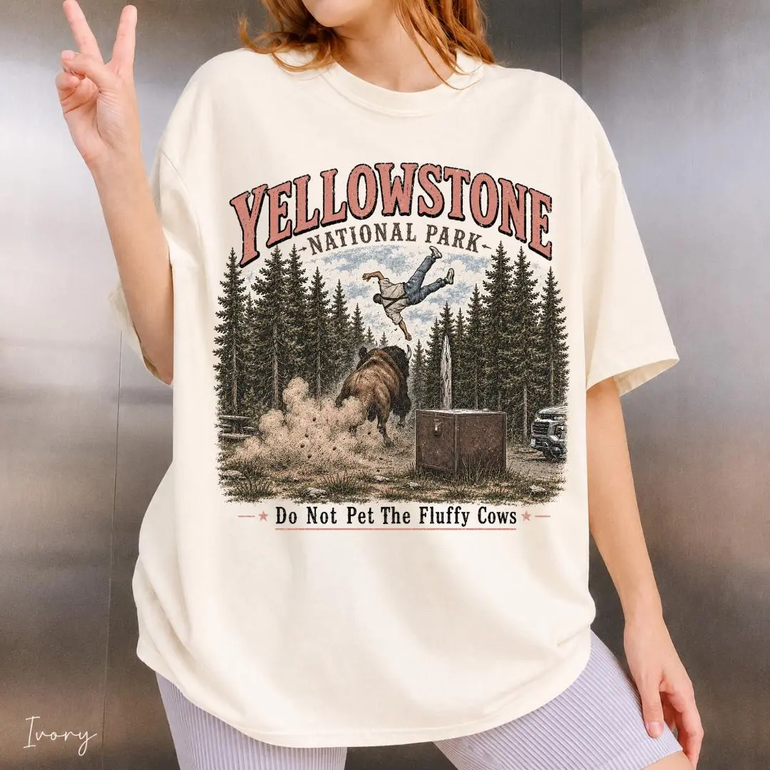 Women's Casual Printed Ribbed T-shirt - Comfort Colors "Do Not Pet The Fluffy Cows" Humor Graphic Tee, Funny Yellowstone Buffalo Top, National Park Apparel, Bison Lover Gift, Tops, Cotton, Crew Neck, Graphic Print, Machine Wash