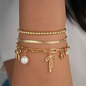 3count Charm Gold Bracelets for Women Non Tarnish,14k Plated Gold Bracelet Stack Cute Dainty Stackable Trendy Bow Cross Clover Bracelets Set Tarnish Free Gold Jewelry for Women Gifts-USA