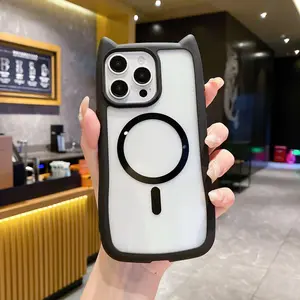Magsafe Cute Cat Ear Cushion Phone Case Clear Protective for iPhone 14 15 16 17 Pro Max Scratch & Dust Protection Unique Design