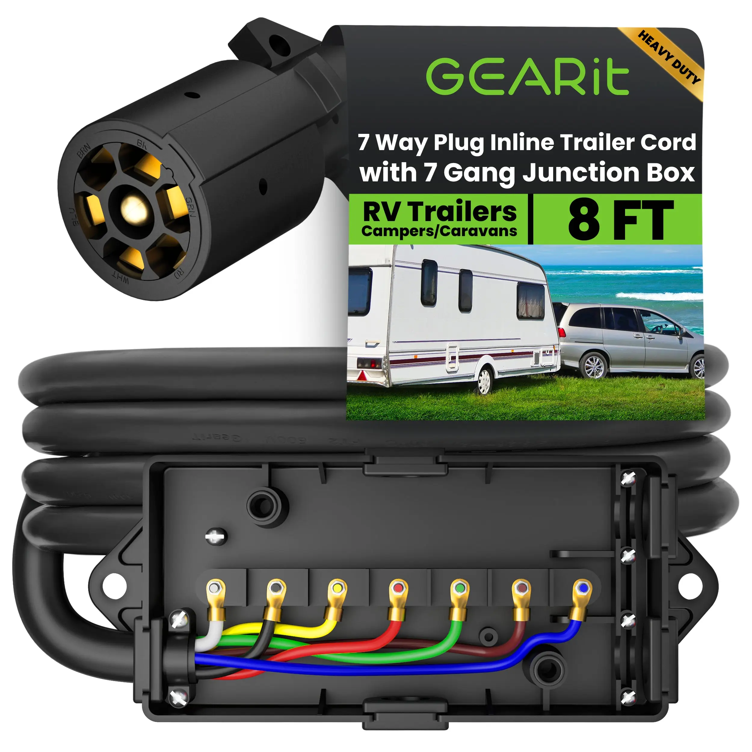 GearIT Heavy Duty 8FT 7 Way Trailer Cord with 7 Gang Junction Box Color-Coded Copper Connectors for RV Campers Caravans - Cable