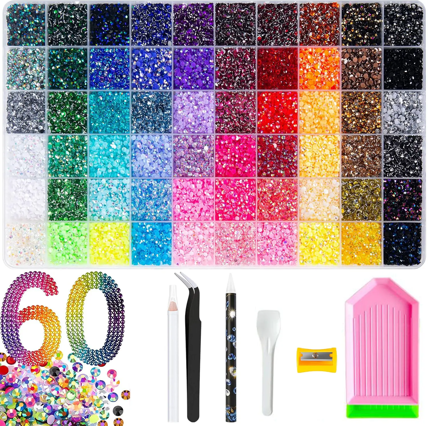 Bedazzling Kit 48000Pcs 60Colors Resin Jelly Rhinestones, Multicolor 3mm Flatback Gems for Diamond Art, Bedazzler Kit
