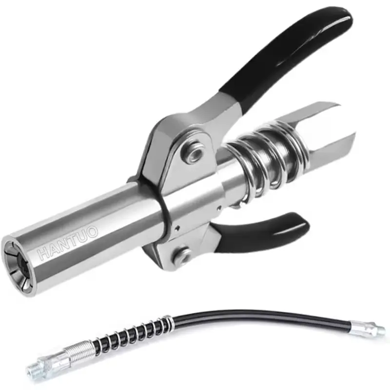 Grease Gun Coupler with Locking Jaw, 12" Spring Flex Hose, Grease Gun Tips, High Pressure 10,000 PSI Double Handle Quick Lock Release Grease Tips, Compatible with All Grease Guns 1/8" NPT Fitting