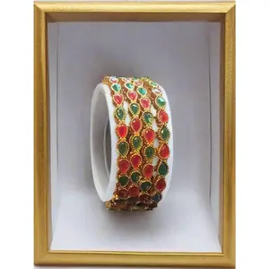 Matte finish 4 pcs stone bangles set - pink and green stone