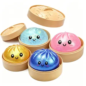 Glitter Bao Squishy with Plastic Steamer Box, Soft Sensory Squeeze Toy for Stress Relief, Cute Sparkly Steamed Bun Decompression Dough, Anxiety Relief Fidget Toy for Kids & Adults, Not Blind Box, Choose Your Favorite Color, Perfect for Relaxation, Gifts,