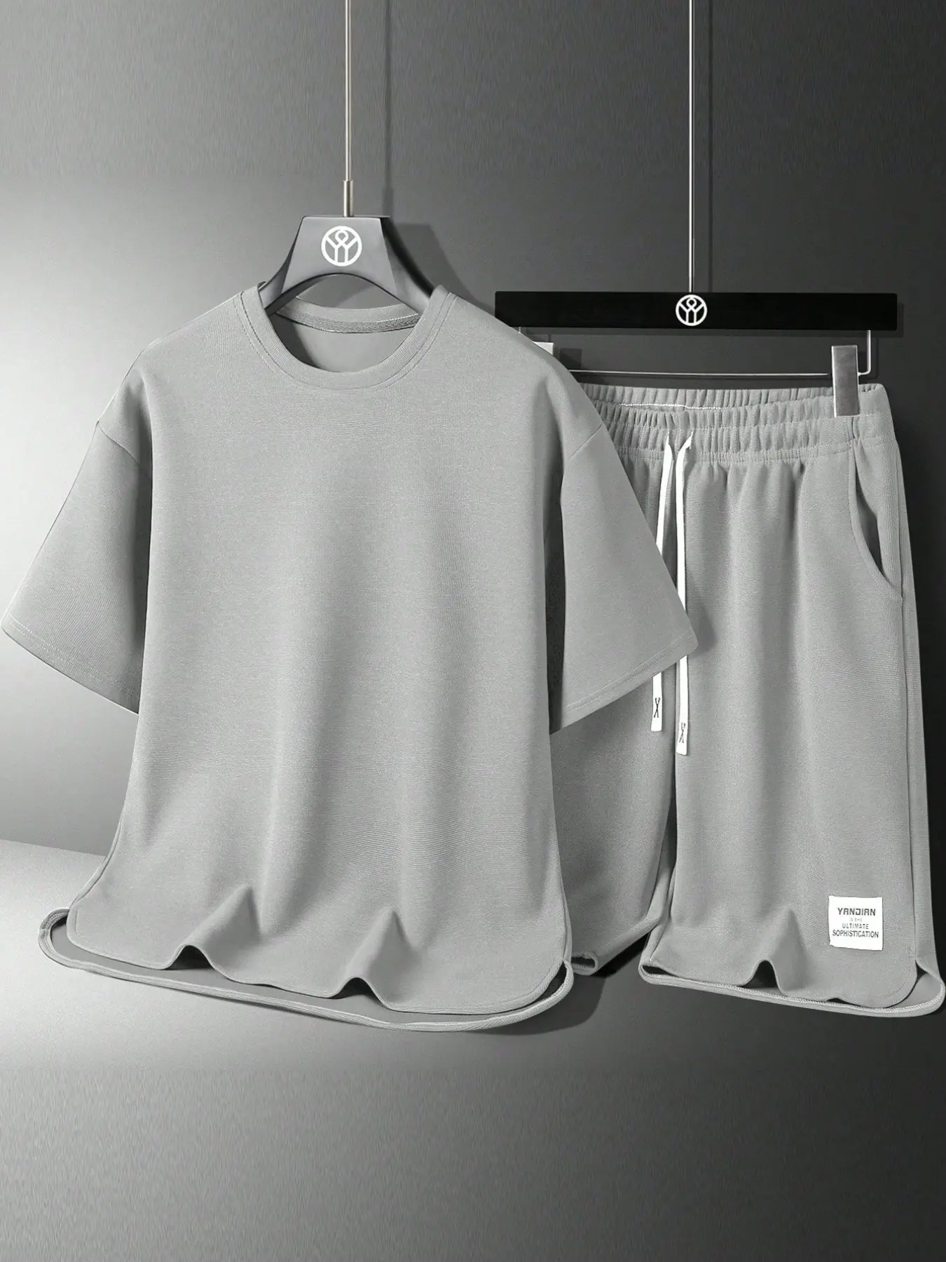 Men's Teen Summer Solid Color Round Neck Short Sleeve Casual T-Shirt Set, Letter Patch Drawstring Waist Short Sleeve