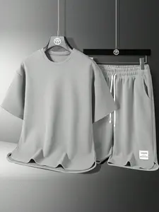 Men's Teen Summer Solid Color Round Neck Short Sleeve Casual T-Shirt Set, Letter Patch Drawstring Waist Short Sleeve