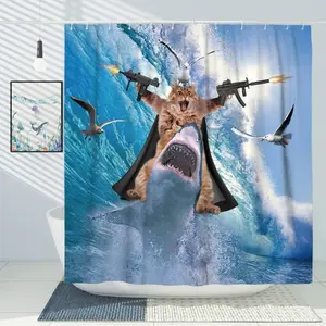 Funny Cat Riding Sharks Swing Shower Curtain - Cute Kitten Swinging Between Sharks in Ocean, Seagulls & Blue Sky Print, Waterproof Fabric Bath Curtain with 12 Hooks | Quirky Animal Bathroom Decor