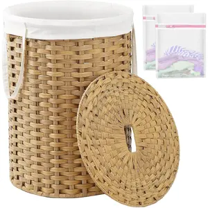 Laundry Basket with Lid Round Rattan Laundry Hamper with Lid and Handles 29.1 Gal (110 L) Handwoven Woven Basket with Removable Bags and 2 Mesh Bags for Living Room Natural