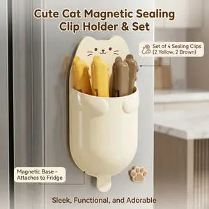 Bag Clips - Magnetic Cat Storage Box with Date Record Sealer - for Kitchen Food Snacks & Bread - Cute Aesthetic Gift for Cat Lovers & Home Organization
