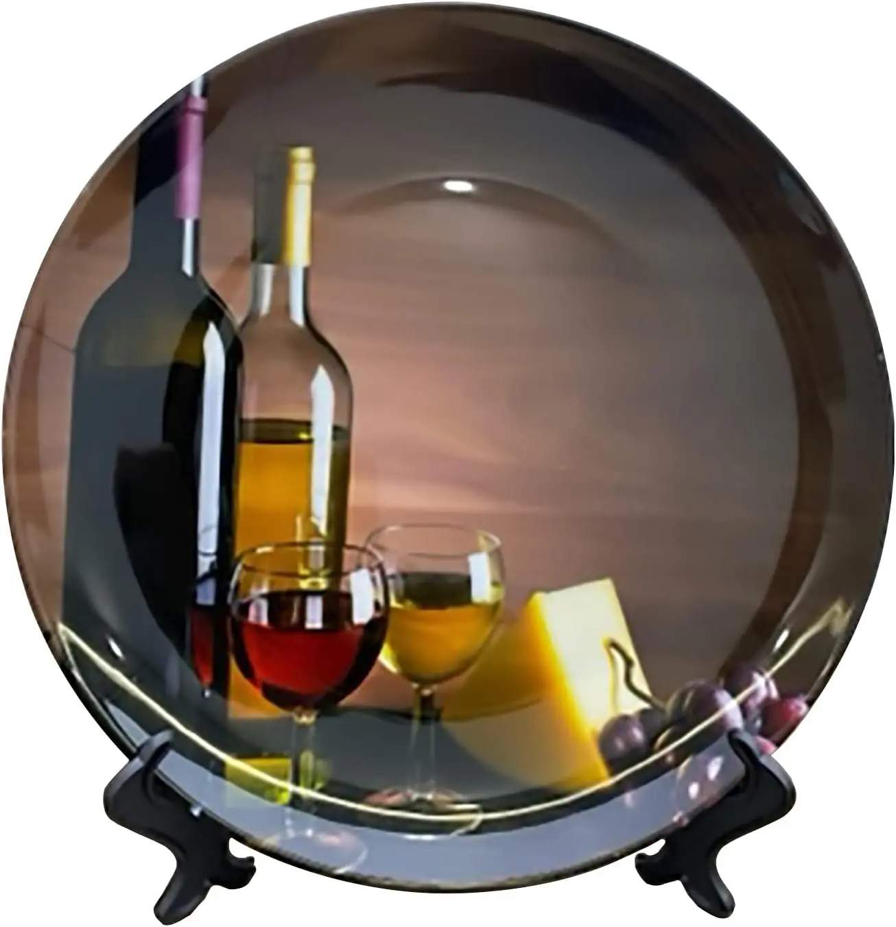 10'' Ceramic Decorative Plates, Wine Bottle Plate with Display Stand | Round Display Plate, Hanging Decorative Plate for Kitchen Dining, Wine Cabinet Home Décor, Closet Table Decor