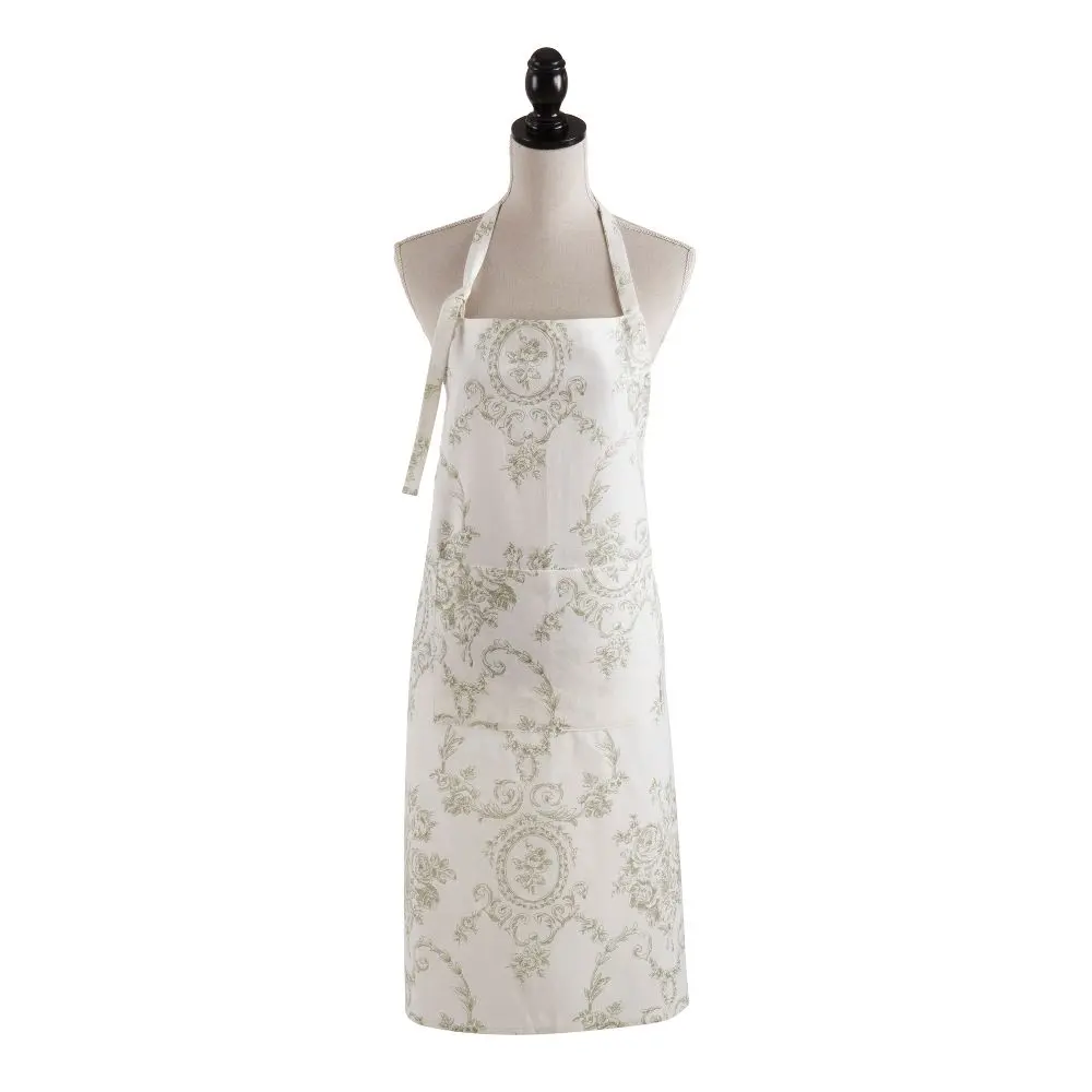 Saro Lifestyle Flower-Print Comfortable Linen-Cotton Kitchen Apron with Pocket - Adjustable Neck & Waist Ties, 28"x35" Green for Cooking, Baking