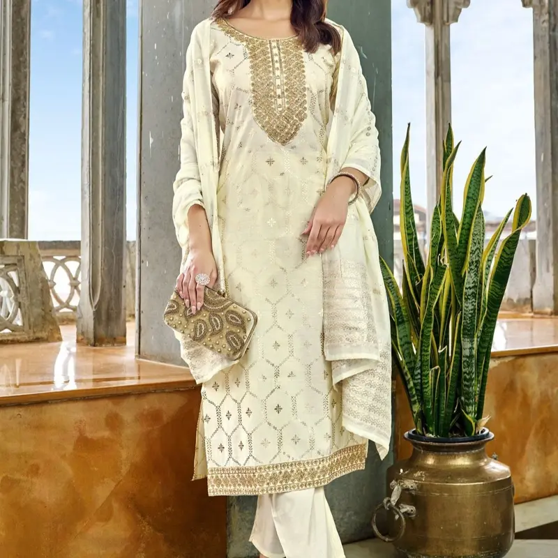 Embroidered Viscose Shimmer Pant Kameez in Cream with Gold Embellishments for Women's Fashion Casual Salwar Kameez Set with Embroidery & Foil Print Top