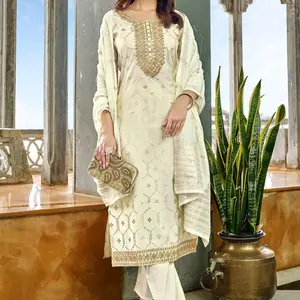 Embroidered Viscose Shimmer Pant Kameez in Cream with Gold Embellishments for Women's Fashion Casual Salwar Kameez Set with Embroidery & Foil Print Top