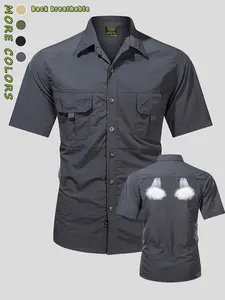 1-pack high-quality men’s lightweight, breathable, quick-dry casual shirt — summer short sleeves, solid color, outdoor design with currency pocket, large size, machine washable, suitable for camping and hiking; camping gear