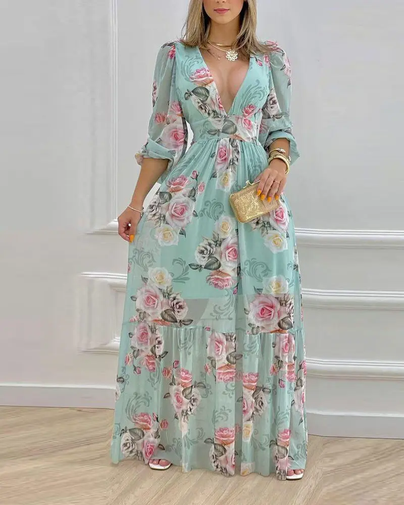 ChicMe Women's Lantern Sleeve Floral Print Maxi Dress/Floral Print Lantern  Sleeve Maxi Dress/Summer Dress Lightweight - TikTok Shop