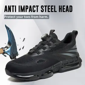 Men’s safety shoes with rotating buttons, steel toe, puncture resistance, slip resistance, breathable mesh upper, suitable for construction, factory, and warehouse work — black