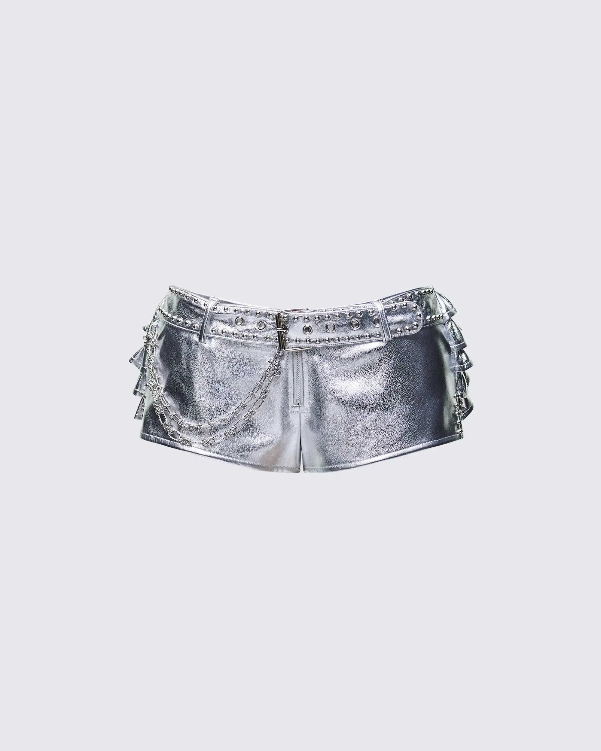 Metallic Silver Vegan Leather Shorts for Women, Low Rise Festival Style with Built-in Chain Belt, Zipper Closure & Side Detail