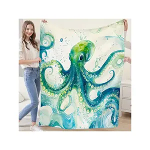 Contemporary Reversible Cartoon Octopus Fleece Throw Blanket - All-Season Knit Fabric, Machine Washable, Multipurpose, Polyester, Digital Print, Home Decor Gift-30*40in