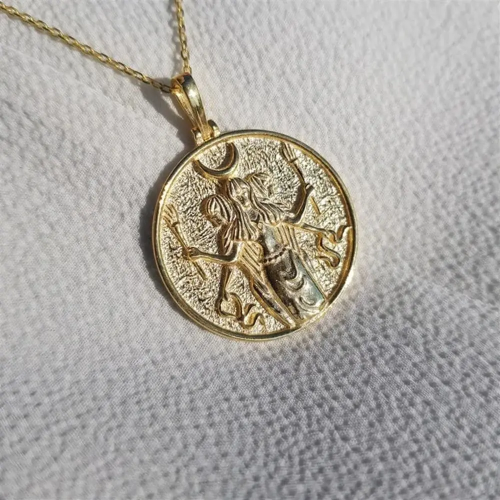 Artemis Aphrodite Athena 18K Gold Plated Necklace,Greek Mythology Minimalist Dainty Hecate Necklace,Gold Medallion Necklace For Women
