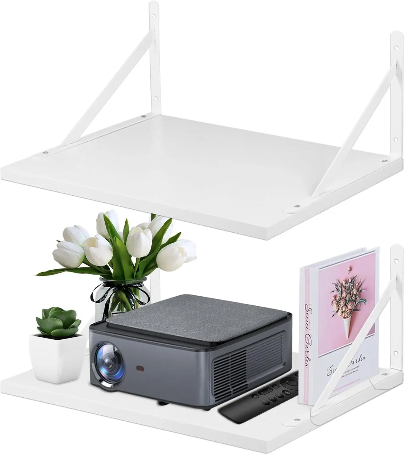 2 Pcs Projector Wall Mount Shelf, Projectors Deep Floating Shelves, Projectors-Rack Holder for Wall, Modem Wide Wall Shelves for Projector/Modem/Router, Cable Box Shelf for Living Room Bedroom