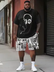 Men's Printed Casual Athletic Sports Short Sleeve T-Shirt Matching Set, Two-Piece, Menswear, Clothes, Plus Size, Loose-Fitting, Modern Style, All Seasons