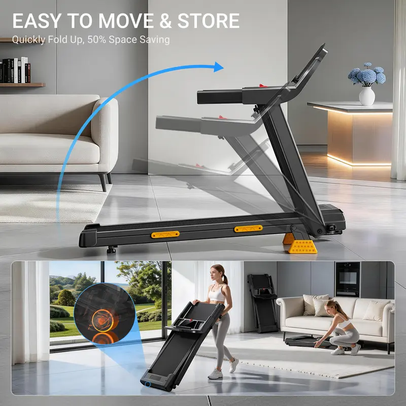 UMAY treadmill folding frame and storage design