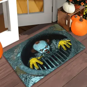 Horror Clown Doormat - 0.4" plush polyester with cracked sewer grate design & red accents. Machine washable, durable for indoor/outdoor use. Perfect for Halloween, Christmas, or gothic decor in bathroom, bedroom, or camping