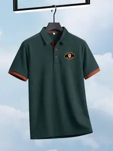 Men's Fashion Print Polo Shirt, Creative Simple Horse Pattern Short Sleeve Collared Top, Collar and Color Block Sleeves, Summer Casual Golf Shirt