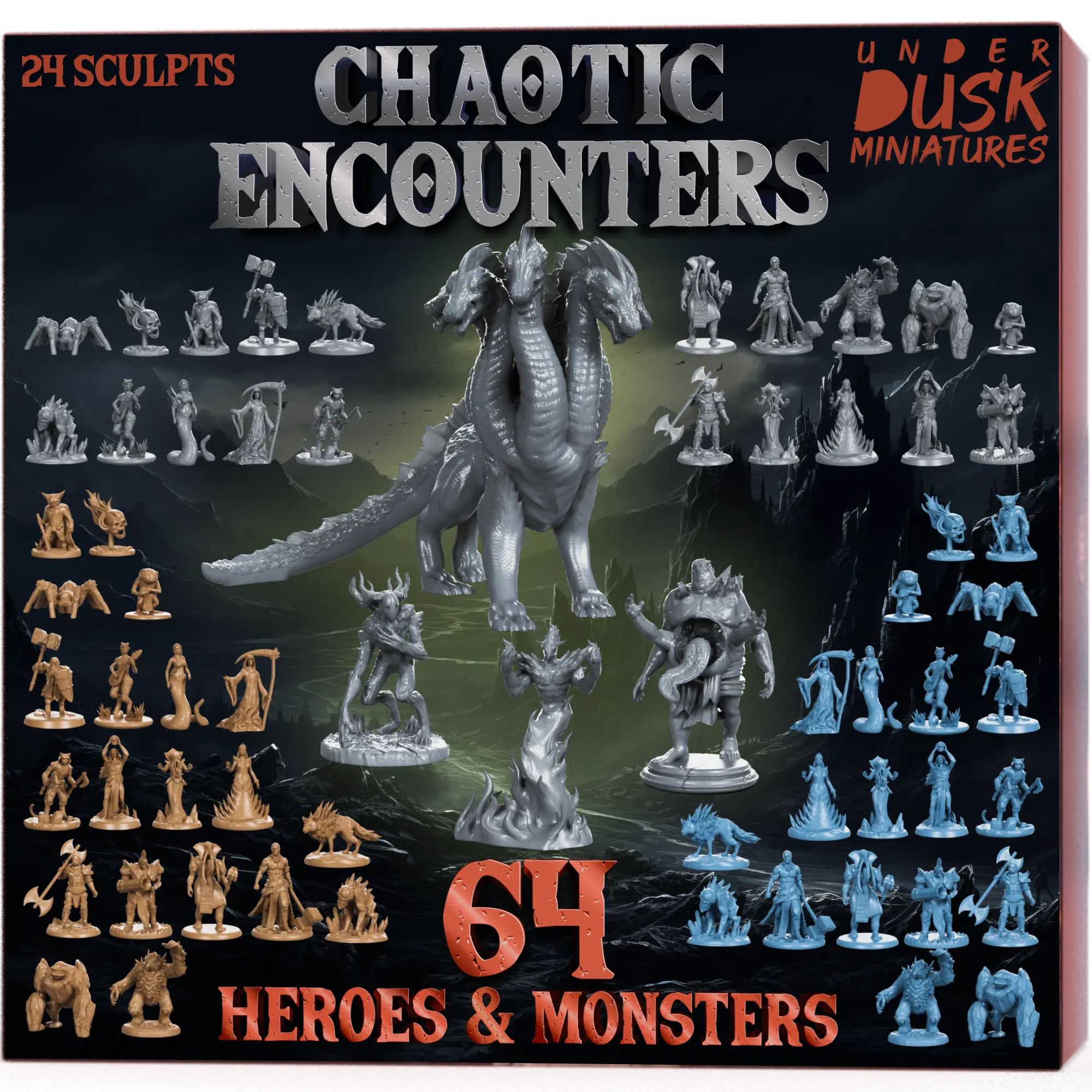 Underdusk Chaotic Encounters - 64 DnD Minis | 4 Boss Figures | Stat Blocks Included I Tabletop Paintable Miniatures