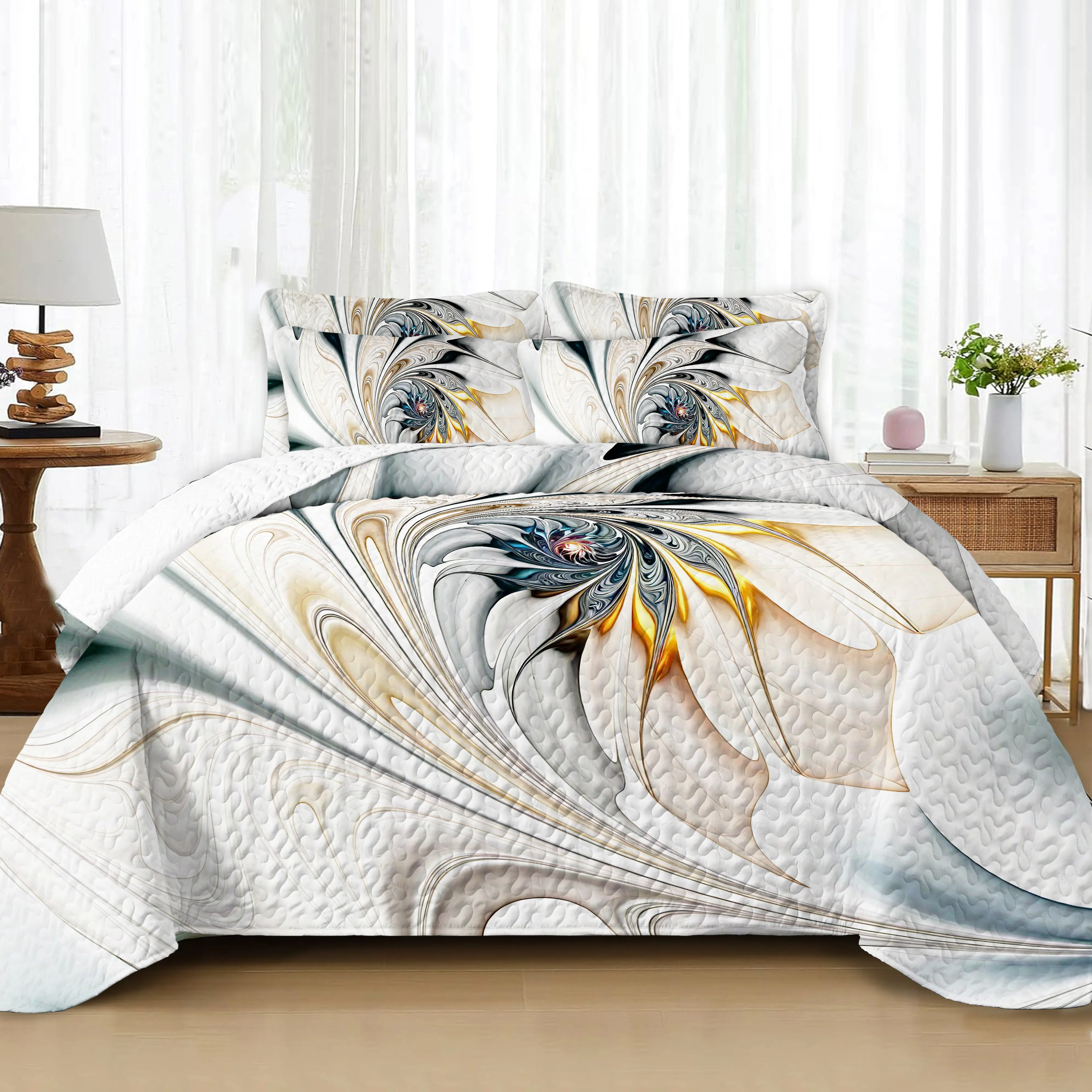 Geometric Impression Lightweight Bedspread & Coverlet Quilt Bedding Set - Queen/King Sizes with 2 Pillow Shams Twin Size with 1 Pillow Sham All-Season Soft to the Touch Microfiber Material