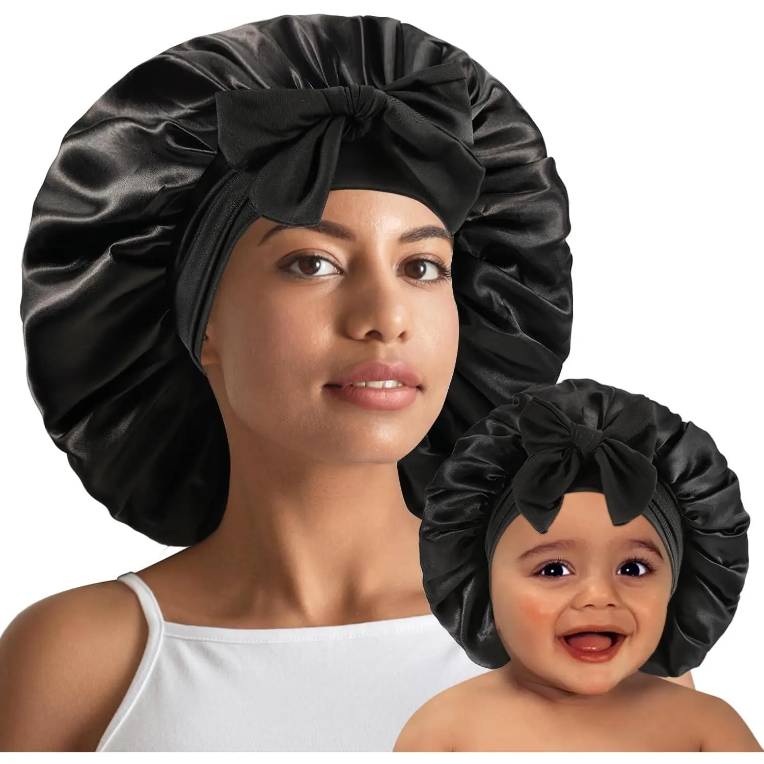 2 count Mommy and Me Bonnet Set, Silk and Satin Bonnets for Sleeping with Elastic Tie Band, Adjustable Hair Bonnets for Women, Girls,  and  (Black)