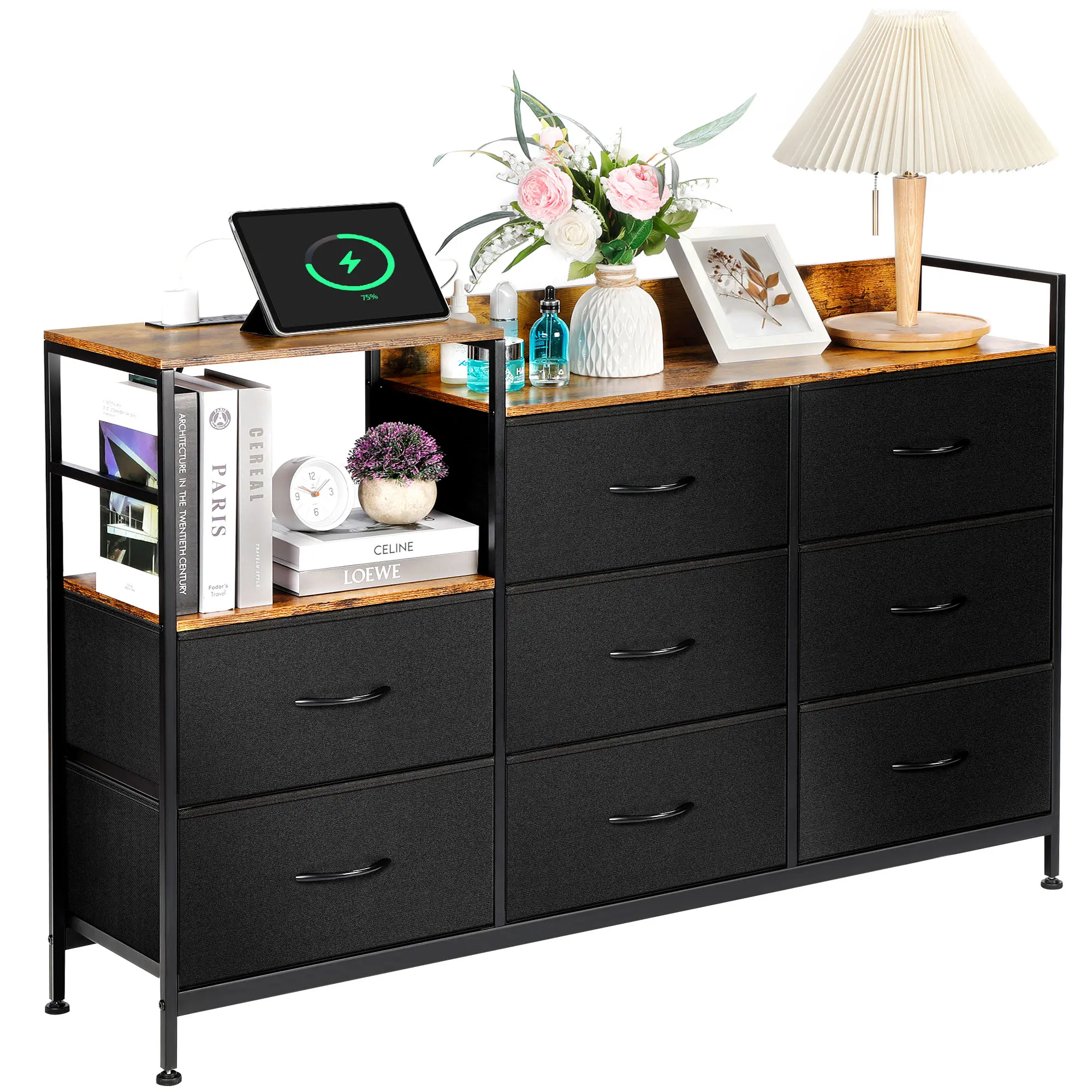 Rengue Dresser with charging station, 52-inch long bedroom dresser with 8 storage drawers, made of a sturdy steel frame and wooden top, featuring a vi