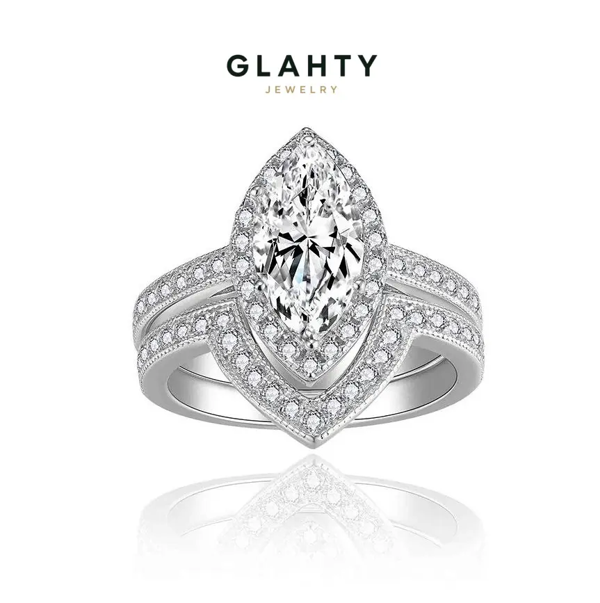 Glahty Jewelry Marquise Moissanite Ring Set S925 Silver 18K Gold 2ct Vintage Halo Wedding Stackable Rings For Women, Ring Set