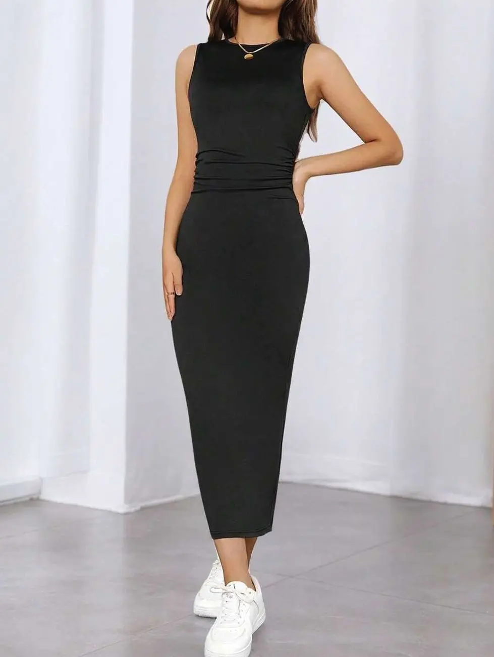 Teen Girls Ribbed Knit Bodycon Dress, Sleeveless Ruched Slim Fit Casual Summer Party Dress