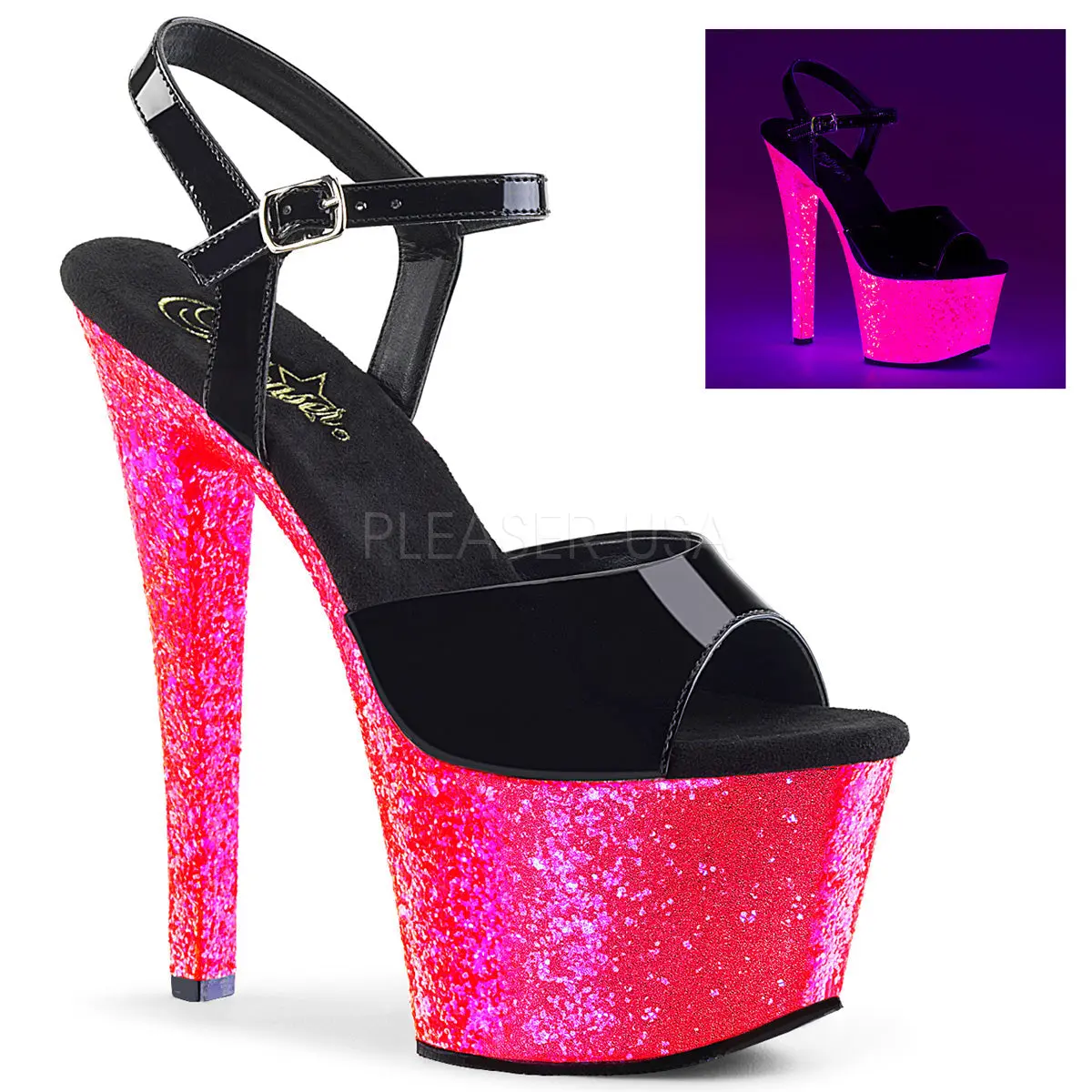 Pleaser Women's Sky-309UVLG Open Toe Ankle Strap Platform Sandals - Black & Pink, 7" High Heels, UV Reactive Glitter Sole, All Seasons Night Event Fashion Footwear, Party Shoes, Night Events, Sparkly Party Shoes, 7 In, 2 3/4 Inch Platform, Blacklight Reac