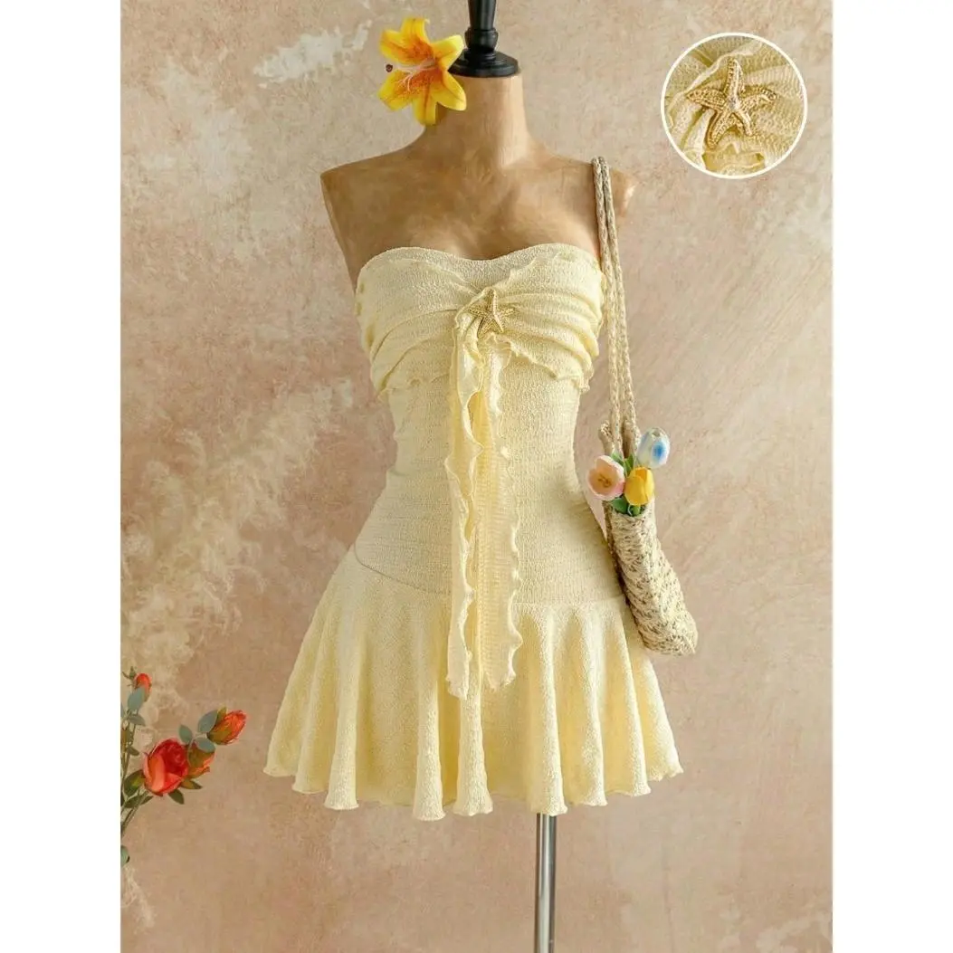 Sweetra Yellow Knit Jacquard Metallic Starfish Decor Ruffle Hem Waist Cinched Mini Dress, Women's Spring/Summer , Resort, Beach, Boho, Elegant Party, Romantic Date, Versatile