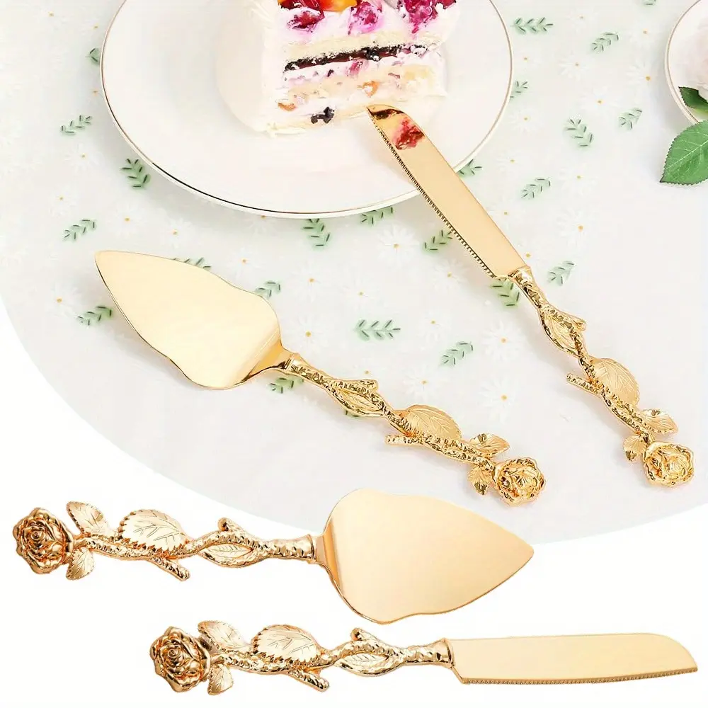Cake Cutting Set for Wedding, Gold Cake Knife and Server Set, Cake Serving Set, Engraved Pastry Pie Server Cake Pizza Cutter, Birthday Bridal Gift