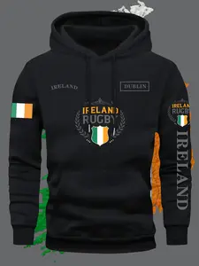 Men's Ireland Rugby Hoodie, Flag, St Patrick's Day, Casual Fitted Sweatshirt, Fall Winter, Casual Hooded Sweatshirt
