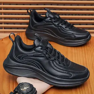 Four-season PU leather lace-up casual men's shoes, cushioned and comfortable, solid color MD men's sneakers