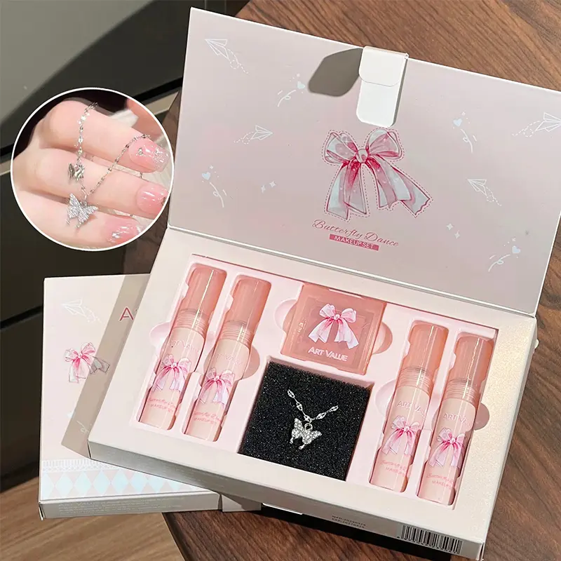 ART VALUE 6Pcs/Box Matte Lipstick Set Lips Makeup Lip Products Makeup Velvet Nude Lip Gloss Moisturizing Lip Glaze Hydrating Lip Cosmetic Set Beauty Products Cosmetic Face Blush Palette Makeup Set Necklace Gift