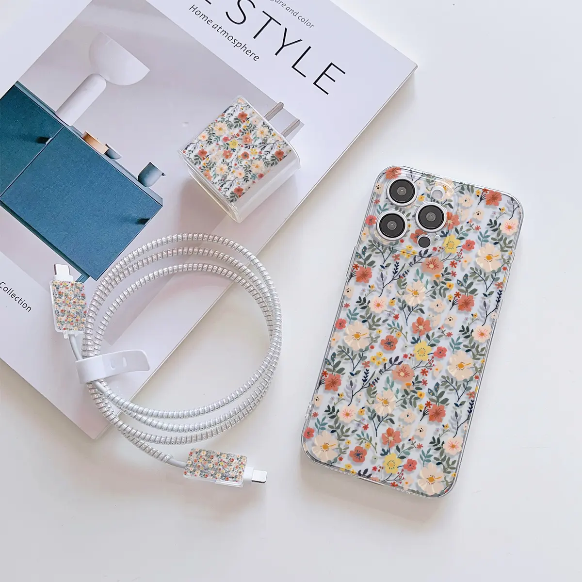 6 Piece Set Transparent Floral Phone Case, Charger Head Cover, Cable Protector, Storage Rope, Data Line Protection, Fits iPhone 6/7/8/x/11/12/13/14/15/16/17 Pro Max