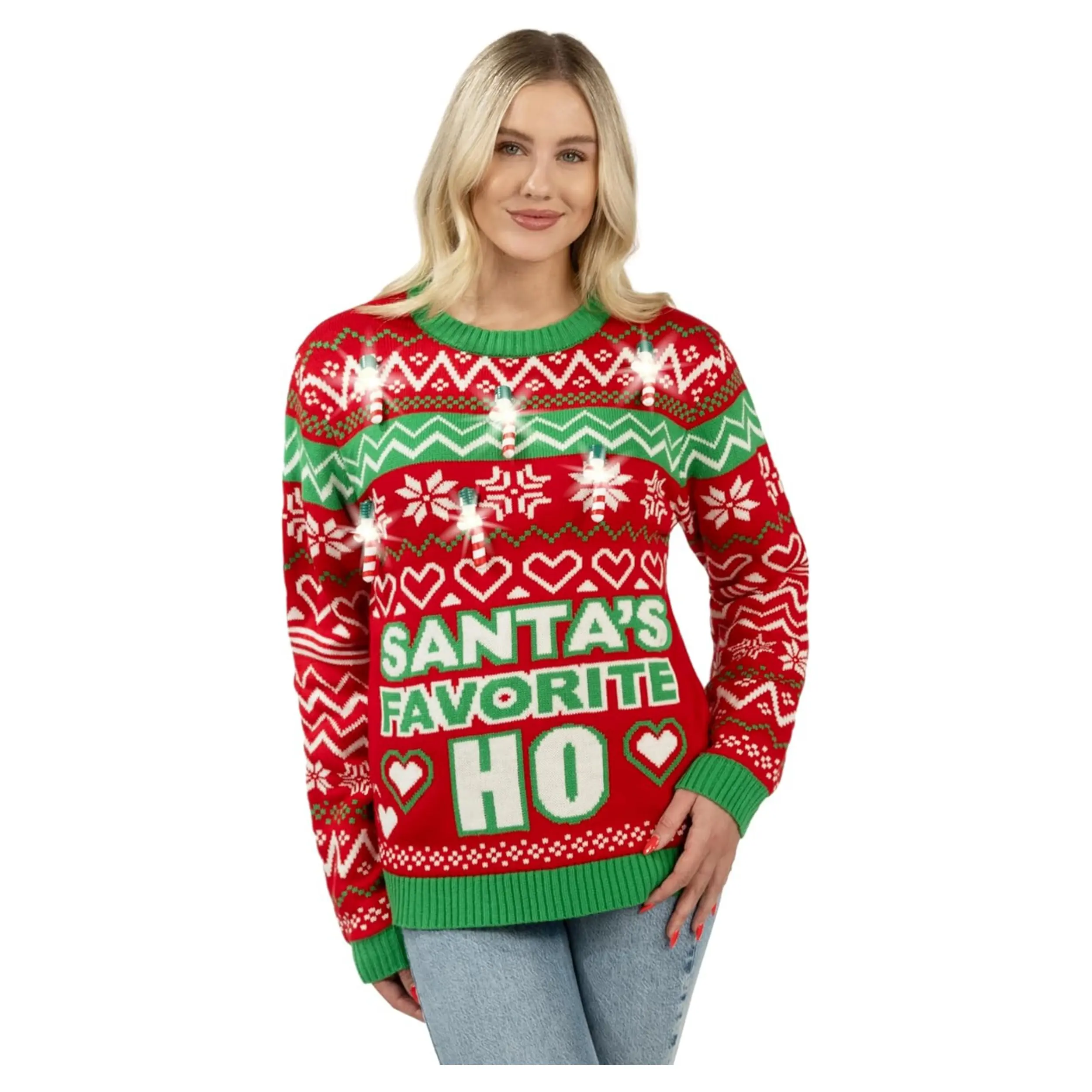 Giggling Getup Christmas Ugly Sweater with Candy Cane Light Bulbs Giggling Getup Christmas Ugly Sweater with Candy Cane Light Bulbs