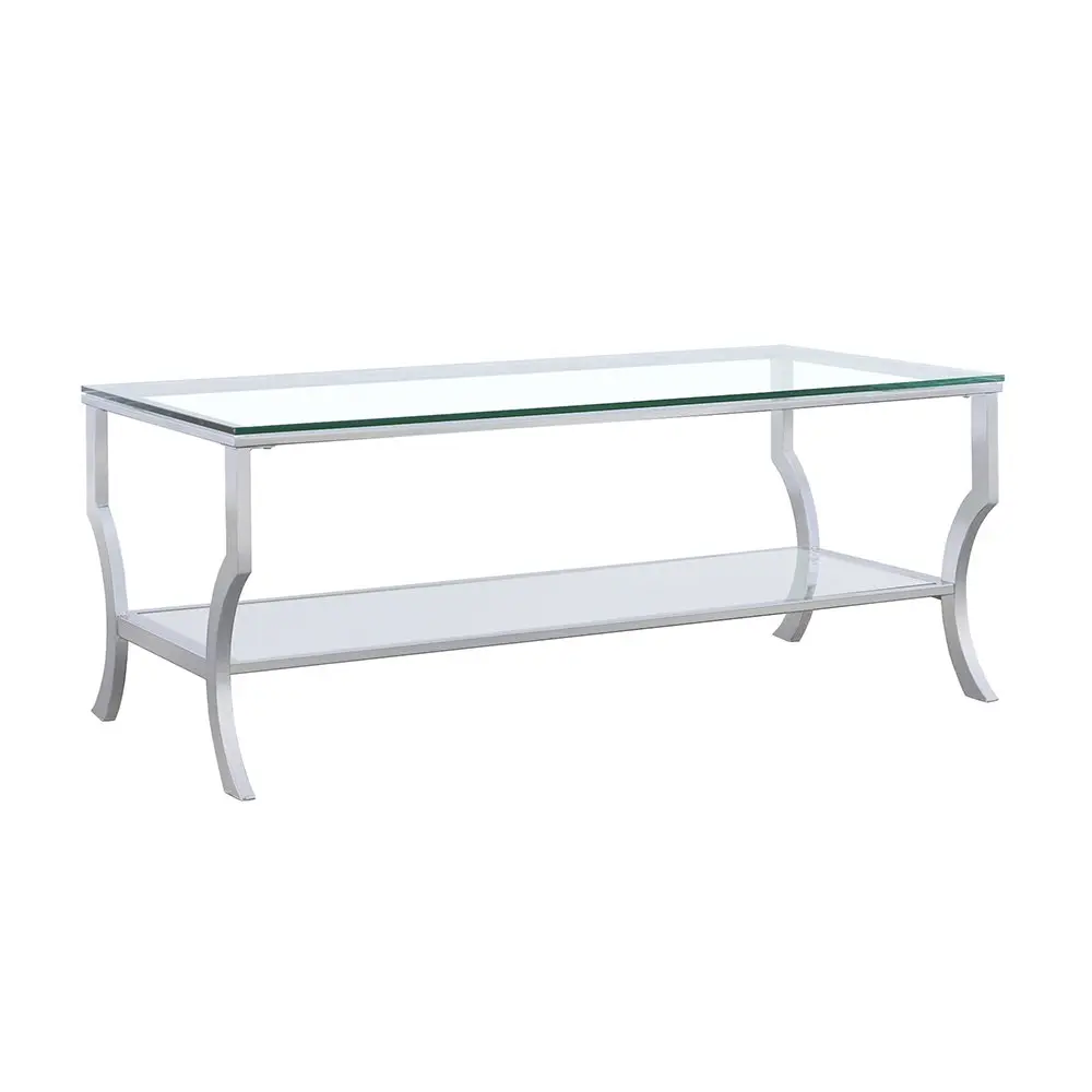 Saide Rectangular Reflective Glass Top Coffee Table - Chrome Accents, French Glamour Style, Hourglass Legs, Mirrored Shelf - Modern Glass Living Room Indoor Furniture, Modern Glass Living Room Furniture