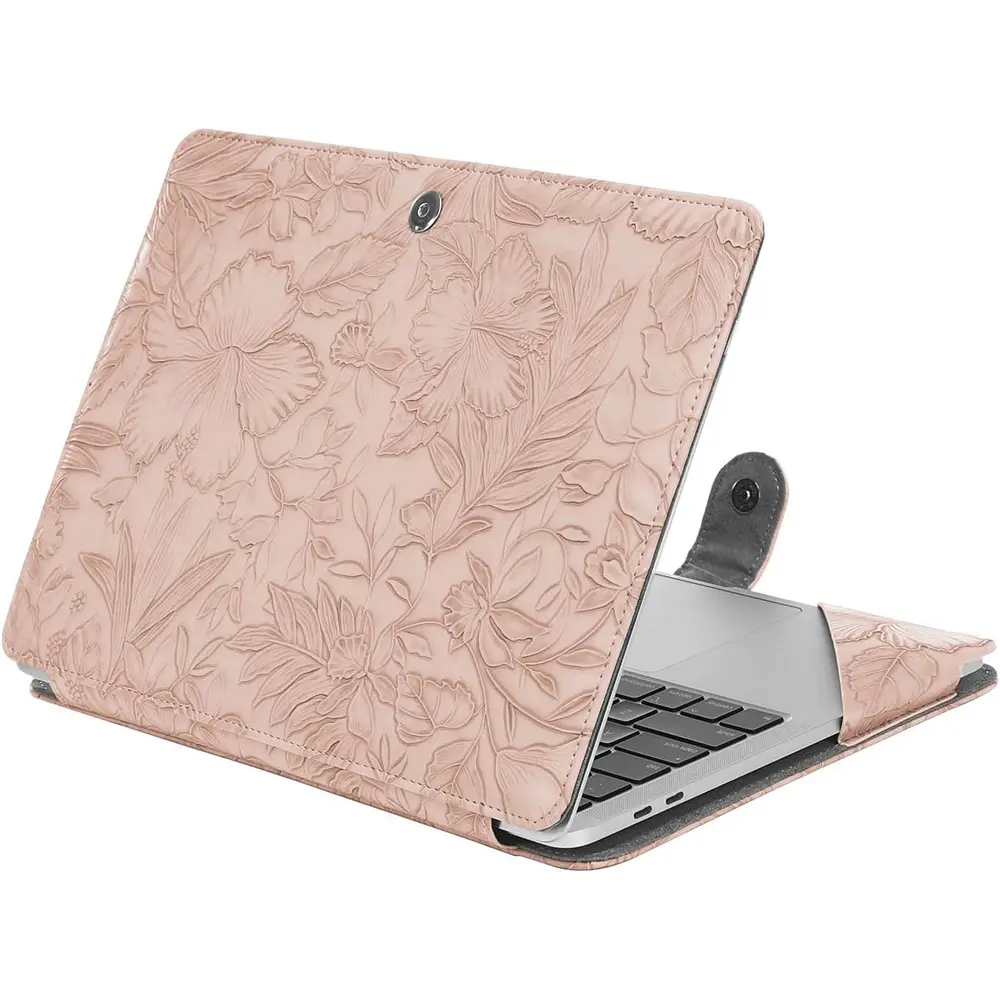MOSISO Case Compatible with MacBook Air 13.6 inch M4 M3 M2 2025-2022 /Air 13 M1 2022-2018 /Pro 13 M2 M1 2025-2016, Embossed Retro Hibiscus PU Leather Portfolio Protective Stand Cover