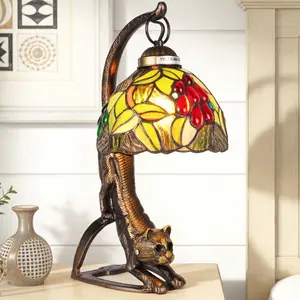 Tiffany Style 6.3 Inch Grape Stained Glass Table Lamp with Antique Bronze Cat Sculpture Frame E26 Base Warm Light Bulb Included In-Line Switch for Bedroom Living Room Study Home Office