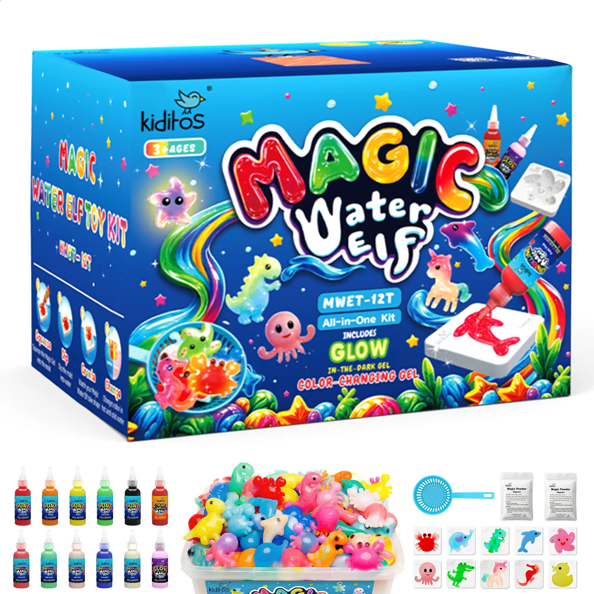 Kiditos Magic Water Elf Toy Kit with 12 Multi-Type Magic Gels & 10 Molds, Aqua Fairy Water Gel Squishy Maker for Kids, Fun Summer DIY Water Pets Craft Set (Model 12T)