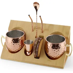 Moscow Mule Mugs Set - 2 Stainless Steel, Copper-Plated  Mugs with  Stand - -Safe, Moscow Mule Kit with Copper Cups, Drinking Straws and Mixing Spoon - 2 x 18 Oz