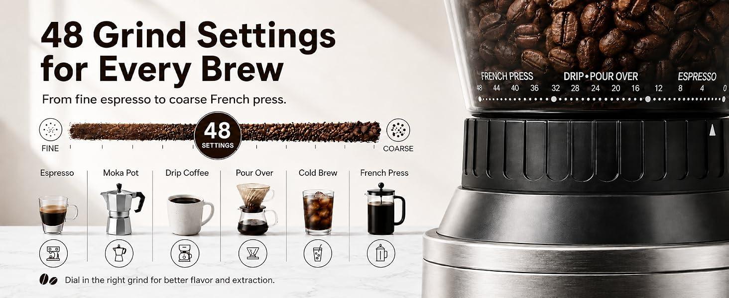 Stainless Steel Conical Burr Coffee Grinder - Anti-Static Burr Mill with Precision Timer, LED Touch Screen, 48 Settings, Grinding Control for Espresso, Pour Over, Cold Brew (Metallic Silver)
