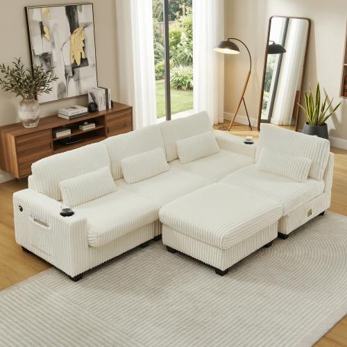 【3-Piece Set 】Niccae 126" Oversized Sectional Couch for Living Room, L-Shaped Modular Corduroy Sofa with Ottoman, Cup Holders, 4-Seater Convertible Design, Charge Port, Waist & Back Pillows