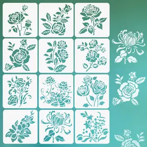 12 Pcs Flower Stencils for Painting, Drawing, Reusable Rose Stencil Floral Stencil for Garden Fence, DIY Decoration Kids Crafts Flower Stencils for Painting On Wood Furniture, Canvas, Paper, Craft Kits